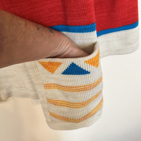 Vtg Womens Cardigan Sweater 1970s Open Front Medium Aztec Western Red Yellow - Picture 3 of 6